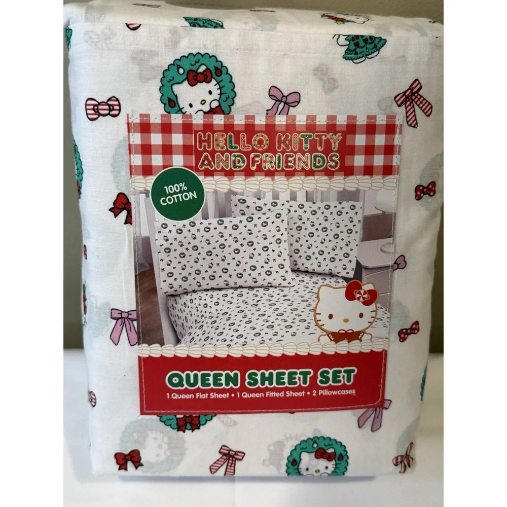Hello Kitty White Wreaths Bows Christmas Pattern Queen Size Sheet Set ~BRAND NEW